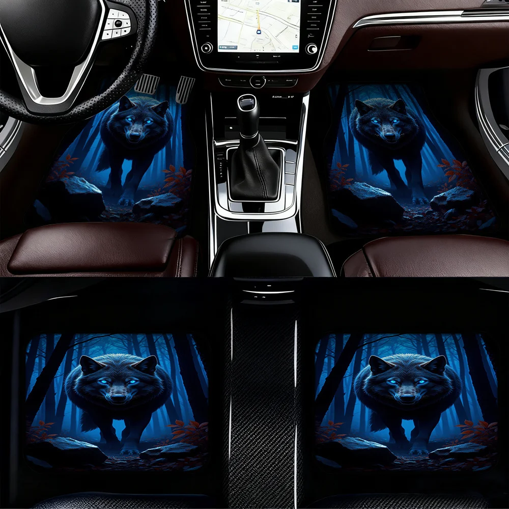 4pcs Car Foot Mats Featuring Mysterious Blue Forest Wolf Design, Ideal For Family Car Use Or Road Trips, Offering Easy To Clean