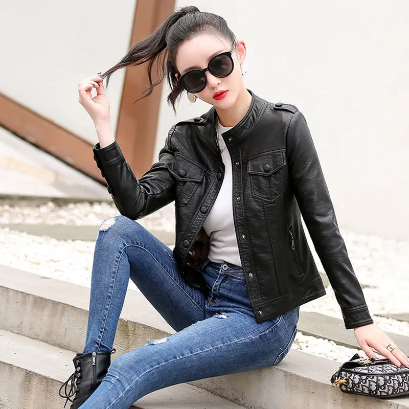 Hot Spring New Women Genuine Leather Jacket Oversized Korean Fashion Female Slim Stand Collar Coat Girl Sheepskin Pocket Outwear