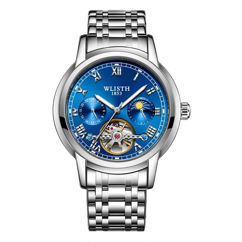Fashion Men Automatic Mechanical Watch Skeleton Hollow Flywheel Moon Phase Waterproof Roman Scale Luminous Male Wrist Watch