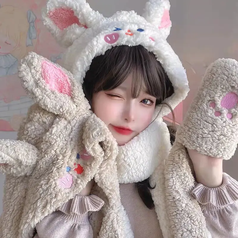 Rabbit Ear Scarf 3 In 1 Soft Furry Rabbit Ear Scarf For Winter Warm Hooded Scarf Headscarf Neckwarmer Hoodie Hat With Gloves