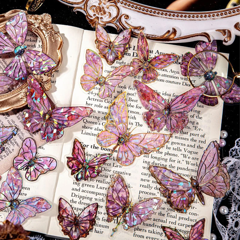 20 sztuk kryształowy laserowy motyl naklejka wodoodporne naklejki PET do scrapbookingu DIY dekoracyjny kolaż Journaling Craft