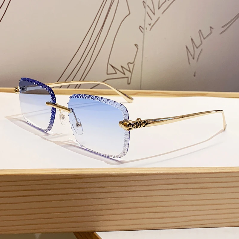 Neues Design Rahmenlose Leopardenkopf-Sonnenbrille zum Autofahren, Sonnenschutz, Modische Metallbrille – Detail 4