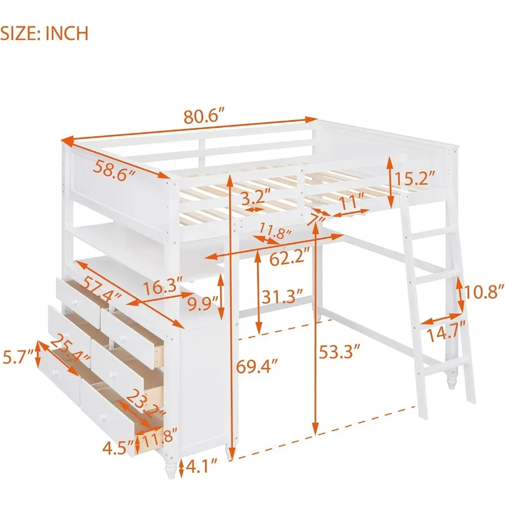 Solid Wood Loft Bed Frame with Drawers and Shelves, for Kids Teens Adults, Full Size Loft Bed with Desk and Storage