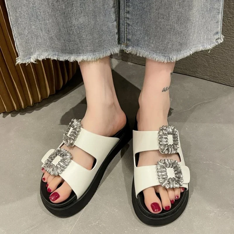 

Square Rhinestones Slippers Women Thick Flat Sole Heighten Sandaly Damskie Round Peep Toe Shallow Beach Huaraches Girls Leisure