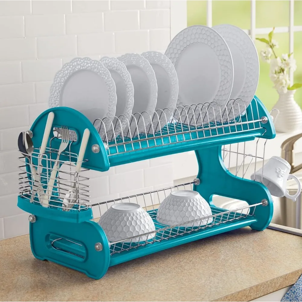 Retro 2-Tier Dish Rack, Space-Saving Design, Durable Plastic and Chrome-Plated Wire, Easy Assembly