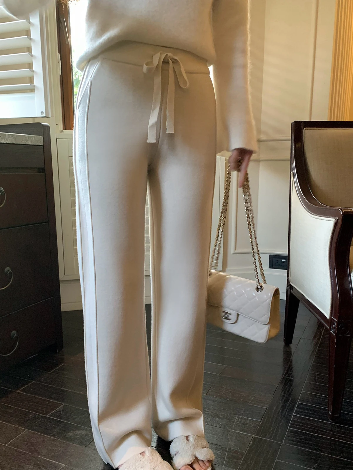 

Cchen Chencheng Wool Silk Knitted Casual Straight Leg Trousers Dstring l Waist Commute Sle Ladies Pants