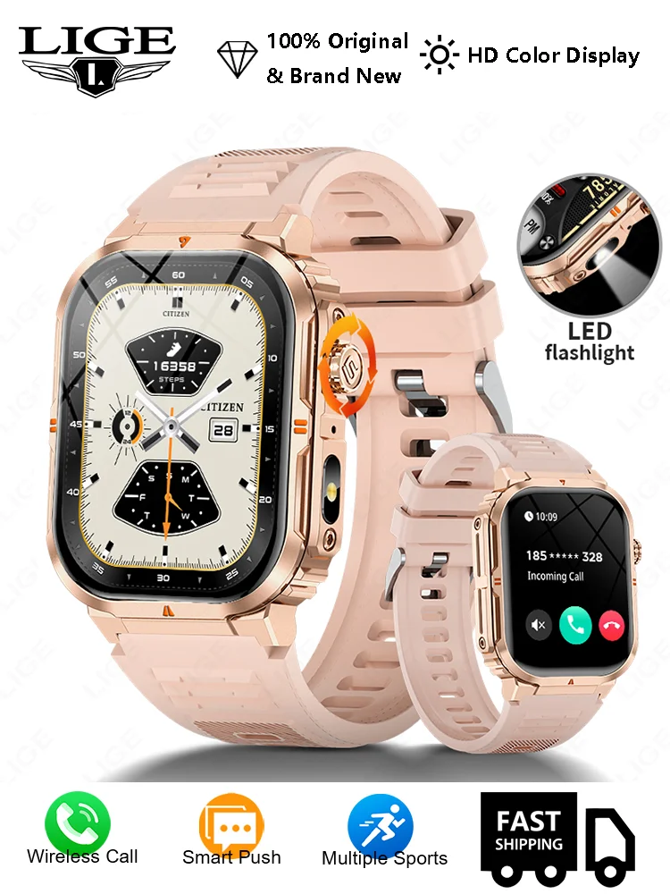 LIGE Neue Damen-Smartwatch, 370 mAh, Taschenlampe, 2,01 Zoll HD, Anrufannahme, Sprachassistent, Sport-Gesundheitsmonitor, Smartwatch für Männer