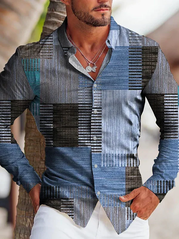 เสื้อยืดแขนยาวลายทางลำลองสำหรับผู้ชาย ระบายอากาศได้ดี สบาย ผลิตจากเส้นใยโพลีเอสเตอร์ ปิดด้วยกระดุมที่ปก ทรงปกติ