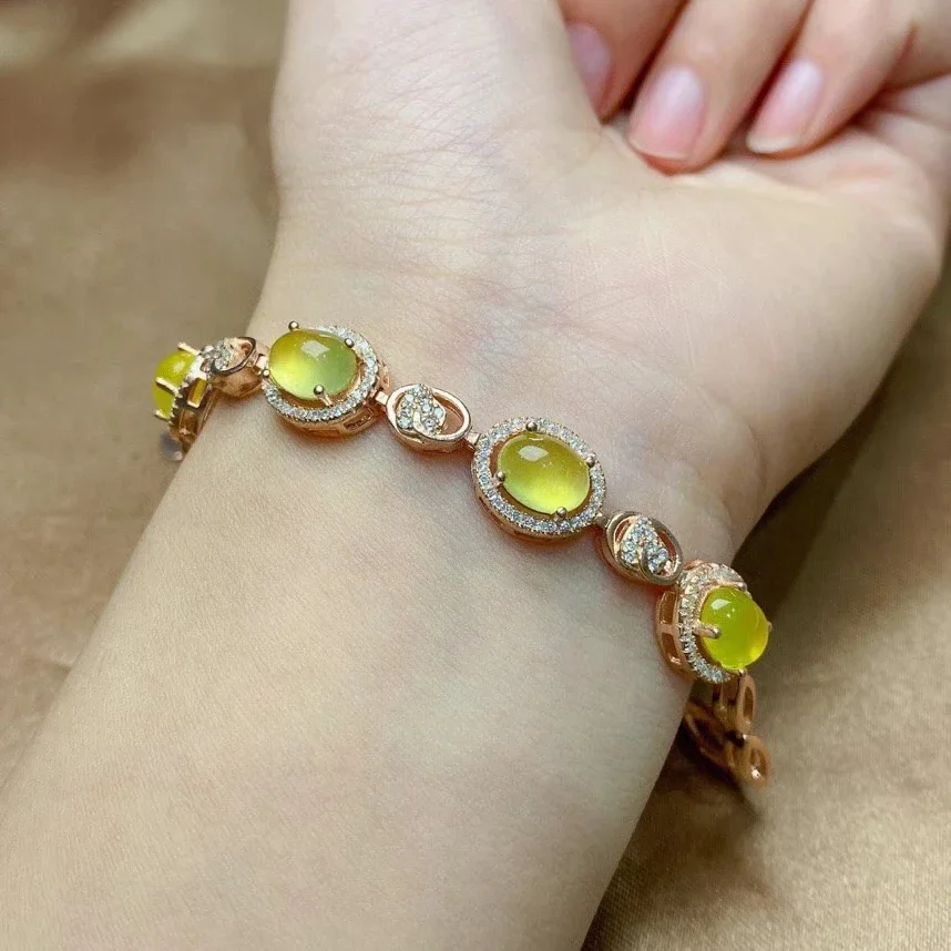 Classic925 Silver Prehnite Bracelet for Party 6mm*8mm Natural Yellow Prehnite Silver Bracelet Sterling Silver Gemstone Bracelet