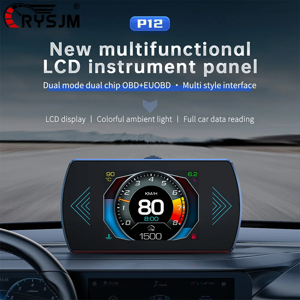 P12 HUD Car OBD Head Up Display Car Speed RPM Water Temp Voltage Fuel Consumption Turbine Pressure Time Meter Oil Pressure Gauge