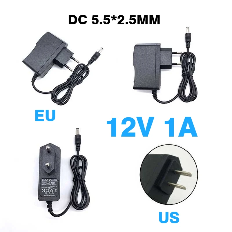 

Адаптер питания 12 В, 1 А, адаптер переменного тока, 100 В, 220 В постоянного тока, 12 В, 1 А, 1000 мА, вилка европейского стандарта, США, 5,5 мм x 2,1-2,5 мм для светодиодной ленты видеонаблюдения