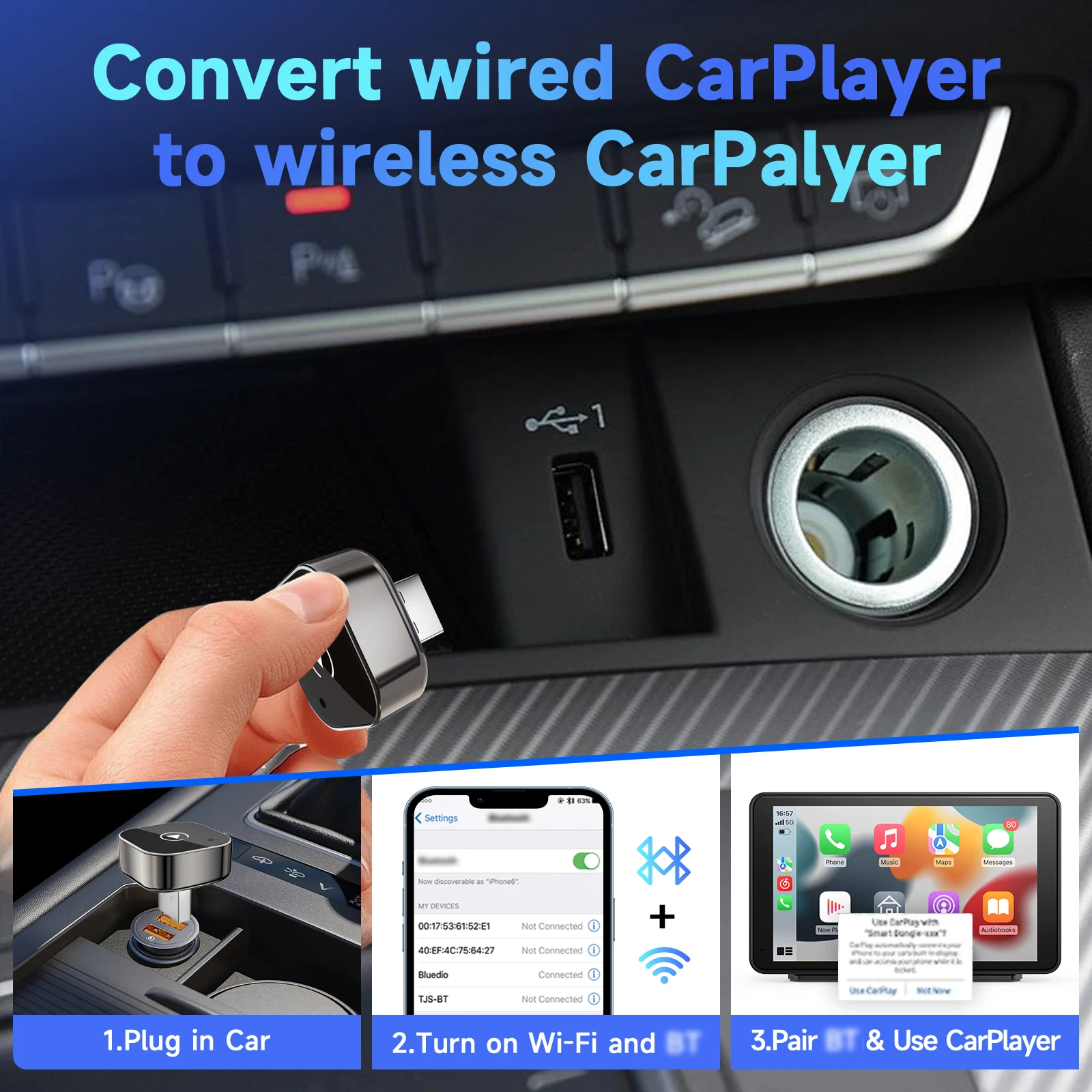 محول Carplay اللاسلكي 2 في 1، يحول سلكيًا إلى محول carplay اللاسلكي لهواتف iPhone وAndroid، التوصيل والتشغيل Carplay