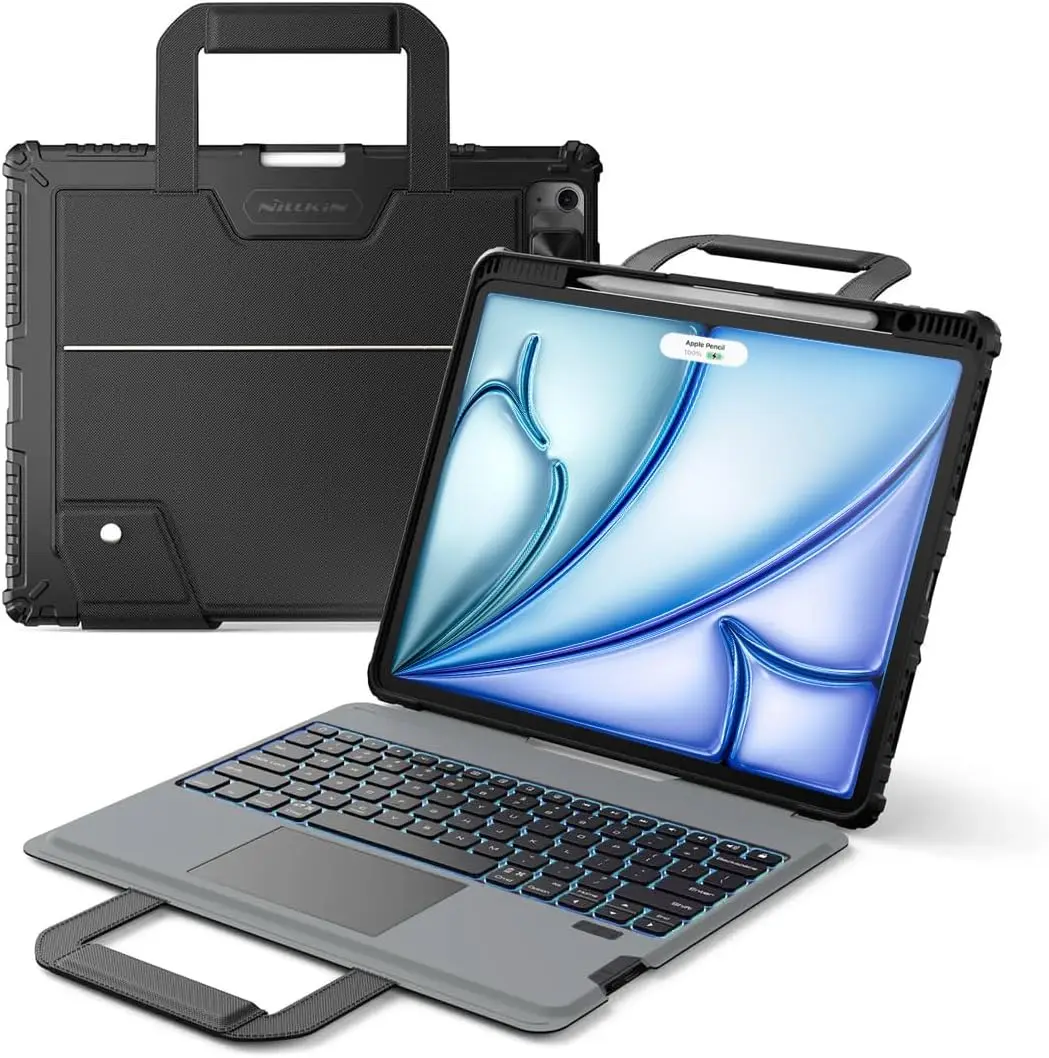 

Rugged iPad Case with Detachable Keyboard, Backlit Keys & Trackpad, 7 Colors, Camera Cover, Black