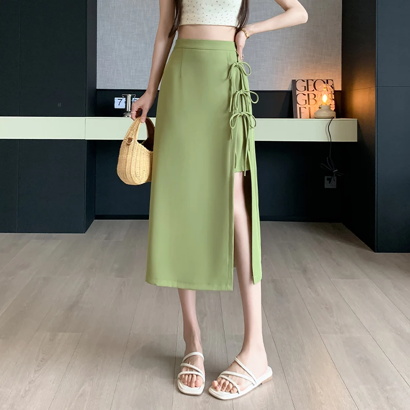 

New Fashion Irregular Lace-up Split Midi Skirts Ladies Elegant High Waist A-line Long Skirt Women Summer Casual Skirts