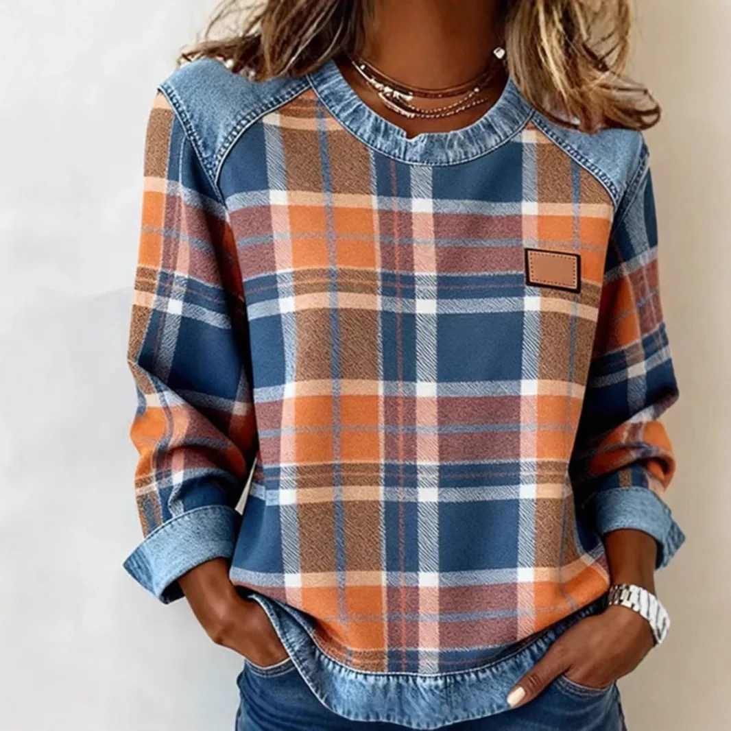 

Sudaderas Nuevas Spring Autumn Versatile Patchwork Long Sleeve Round Neck Loose Women Sweatshirt Office Commute Plaid New Hoodie