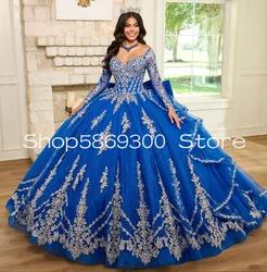 Royal Blue Princess Long Sleeve Quinceanera Dresses Puffy Skirt Ruffles Applique Corset Customized