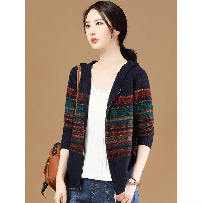 Fashion Hooded Striped Zipper Loose Cardigan Sweater Female Clothing 2023 Autumn Winter New Long Sleeve All-match Tops