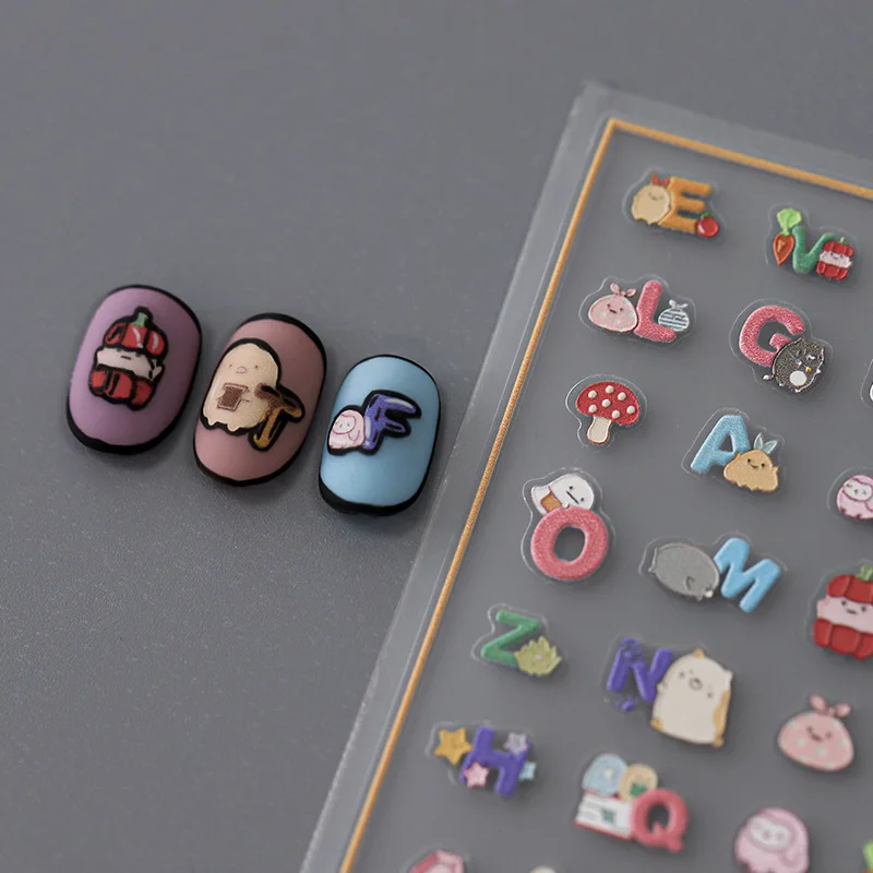 5D Realistic Relief Colorful A-Z Letter Party Cartoon Animal Mushroom Carrot Adheisve Nail Art Stickers Decals Manicure Charms