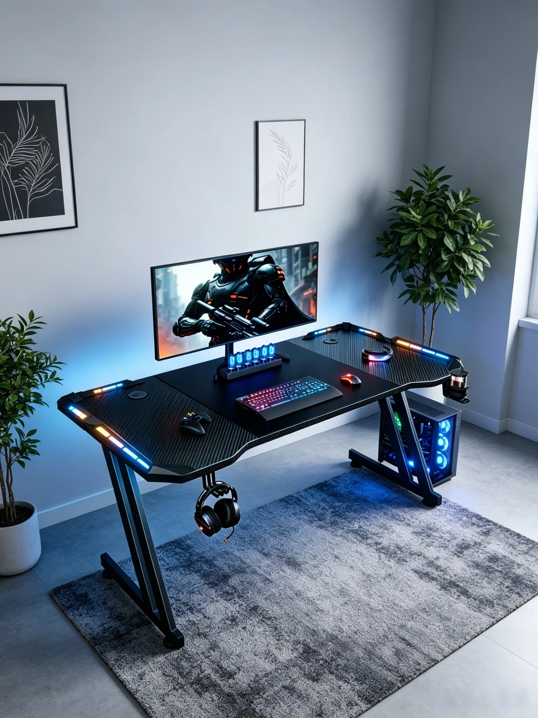 120/140/160 cm Computertisch, Gaming-Schreibtisch mit LED-Beleuchtung, Computer-Gaming-Tisch mit Kohlefaserplatte, stabiler Bürotisch mit Kopfhörerhalterung und Getränkehalter, Schwarz