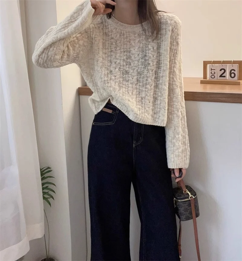 Women Pullover Soft Cable Knit Jumper Crop Plain Sweater with Long Sleeve Crew Neck Box-fit Teen-girl Fall Winter Basic Outfit