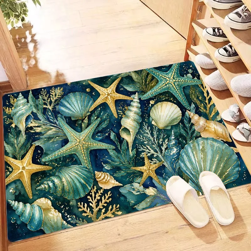 Coastal Beach Shell Starfish Doormat Retro Sketch Marine Pattern Floor Rug for Front Door House Entryway Home Decoration