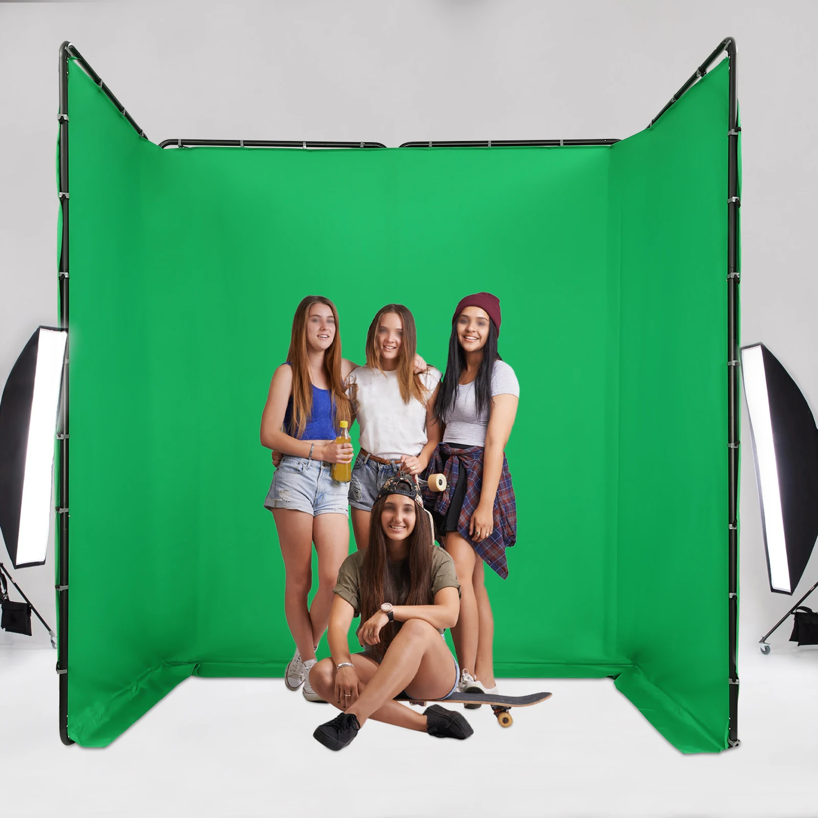 

4x2.4-meter Photography Backdrop Stand with Green Cloth Quadruple Screen Background Bracket for Live Videos Interviews Parties