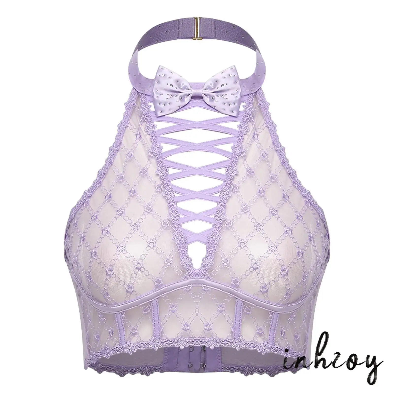 

Womens Sparkly Rhinestone Bra Tops Halter Bow Decor Hollow Out No-pad See Through Mesh Bralette Lingerie Nightwear Clubwear