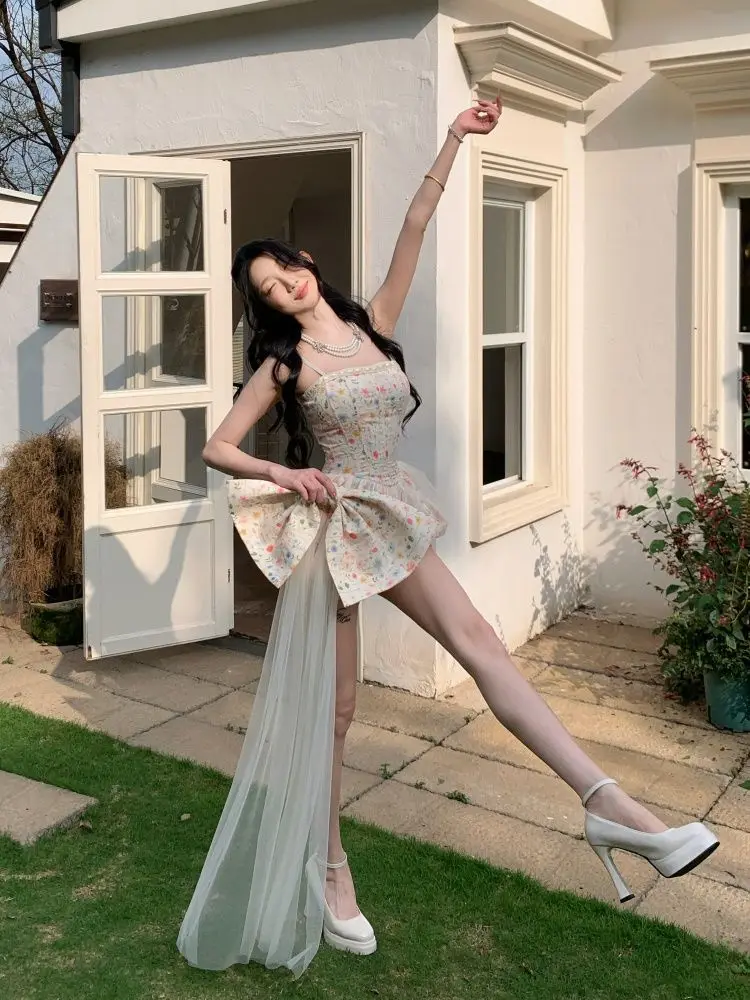

Sweet Cute Kawaii Floral Print Cami Strap 2 Piece Shorts Dress Sets Women Bow Design Mesh Puff Bud Female Summer Party Chic Wear