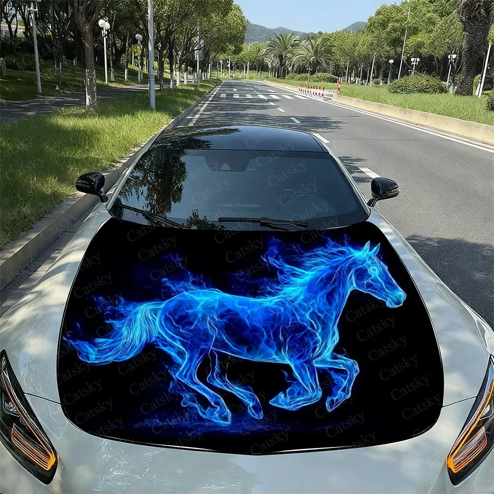 

Blue Flame Horse Pattern Car Hood Sticker, PVC Waterproof Self-adhesive Wear-resistant Body Film, Truck And Sedan Specific Decor