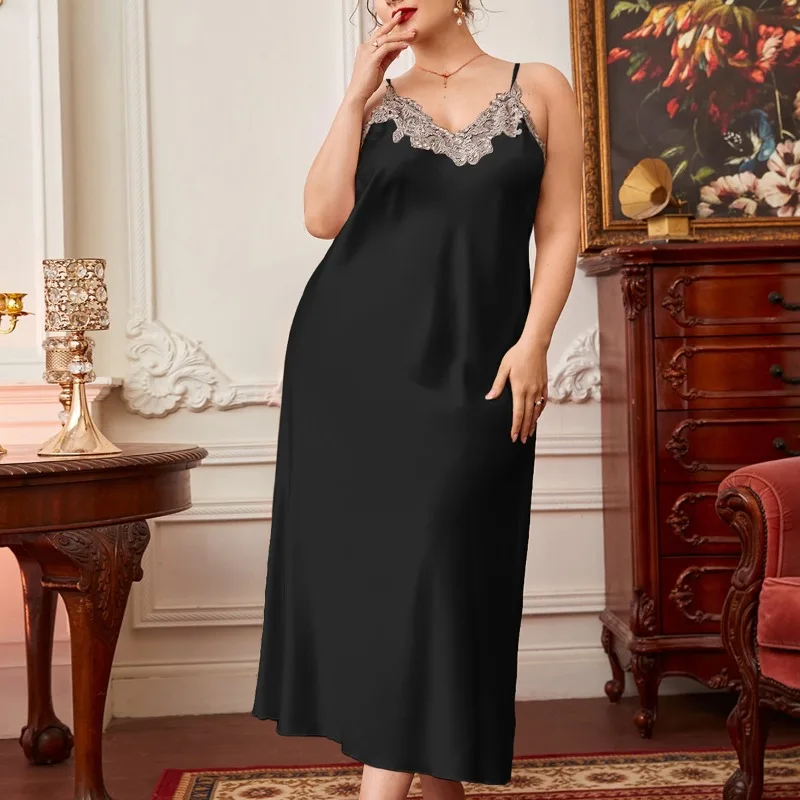

DNLin 1Pcs Plus Size Plus Thin Silk Like Long Robe Women's Spring Summer Fashion Lace Sling Nightdress Casual Loungewear