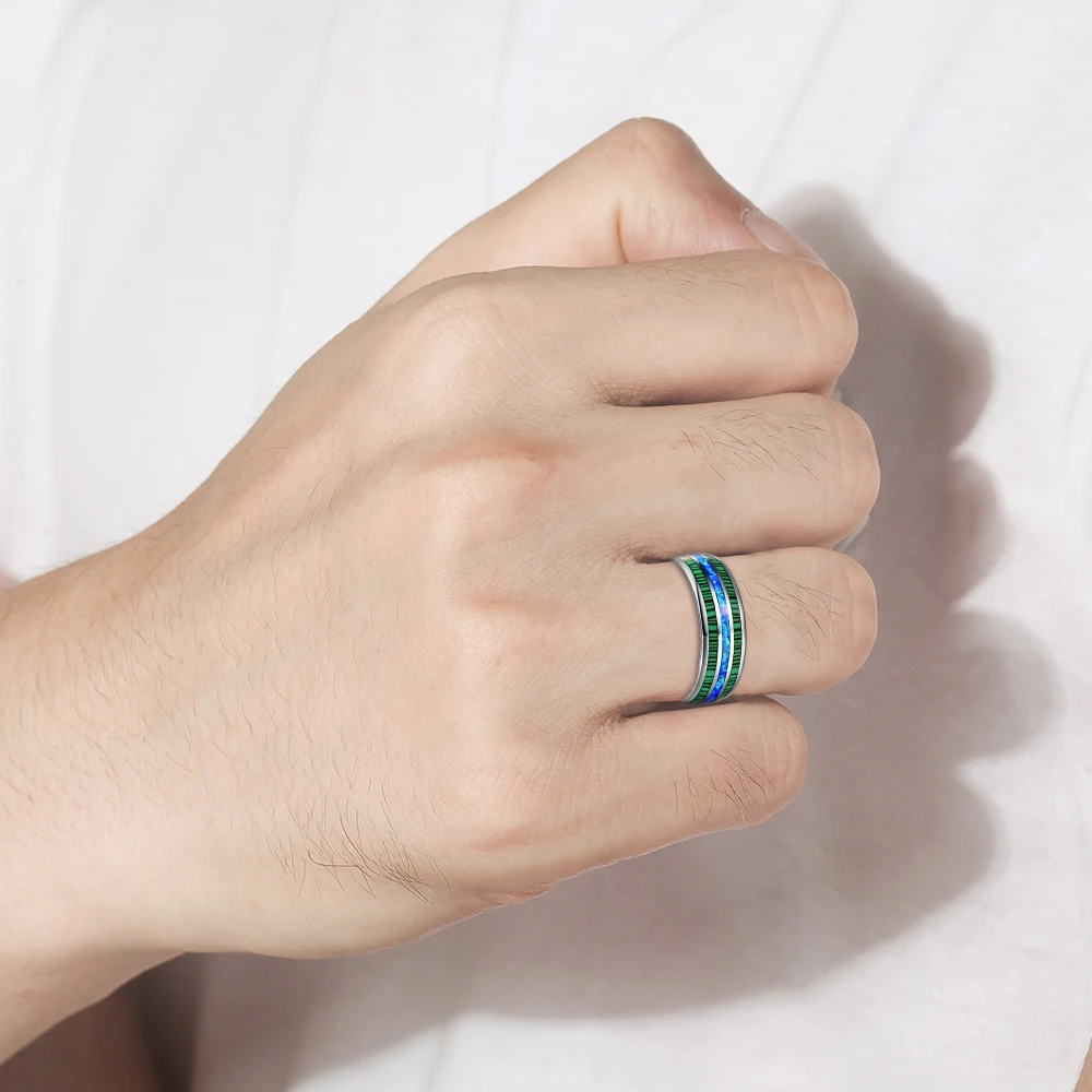 8mm Tungsten Carbide Steel Ring Steel Dome Malachite Blue Opal Wedding Jewelry Ring For Men Wholesale