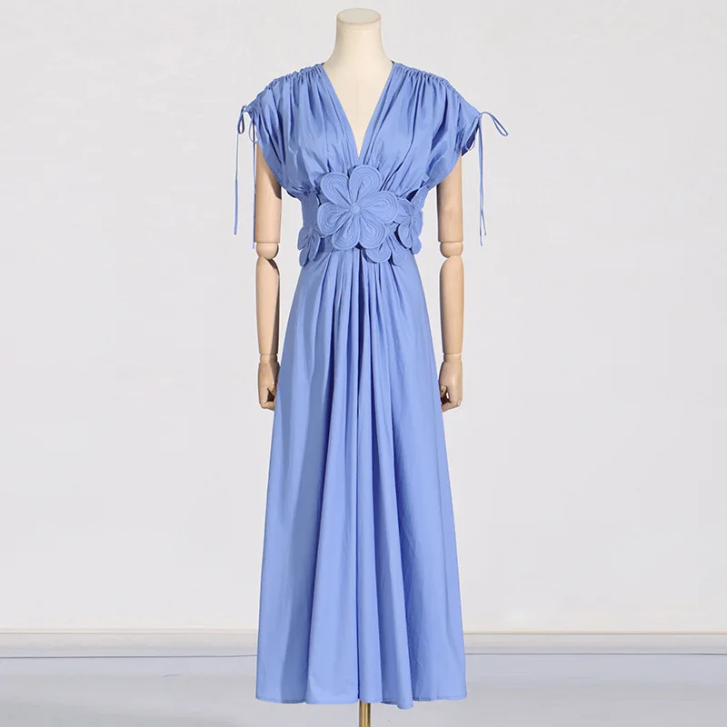 Ele Floral Design High-End Commute V-Ne Dr Korean Waist-Cinching Slimming Bal Long Dr Southeast Asian Sle ...