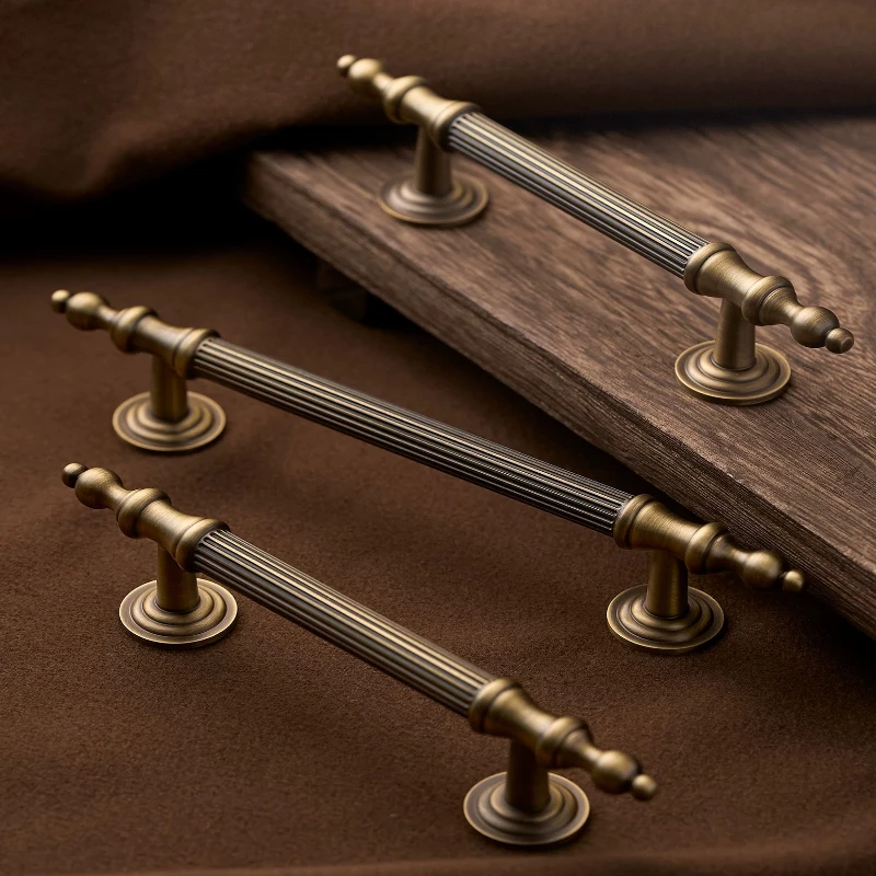 Light Luxury Retro Brass Wardrobe Handle Creative Bronze Furniture Cabinet Striped Handle American Drawer Cabinet Handle