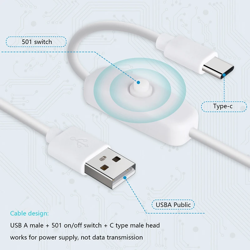 USB إلى نوع كابل التبديل C ، سلك تمديد امدادات الطاقة ، أبيض وأسود ، خط زر التبديل ، مصباح ومروحة ، العاصمة 5 فولت ، 2A