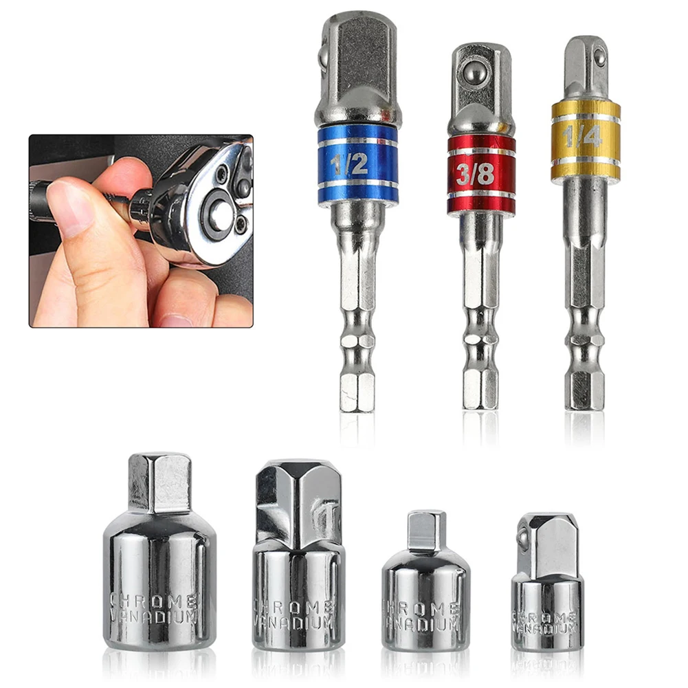 7pcs Set Reduction Sleeve Wrench Extension Rod Hex Square Socket Adapter Ratchet Torque Handle Auto Maintenance Converting Tool