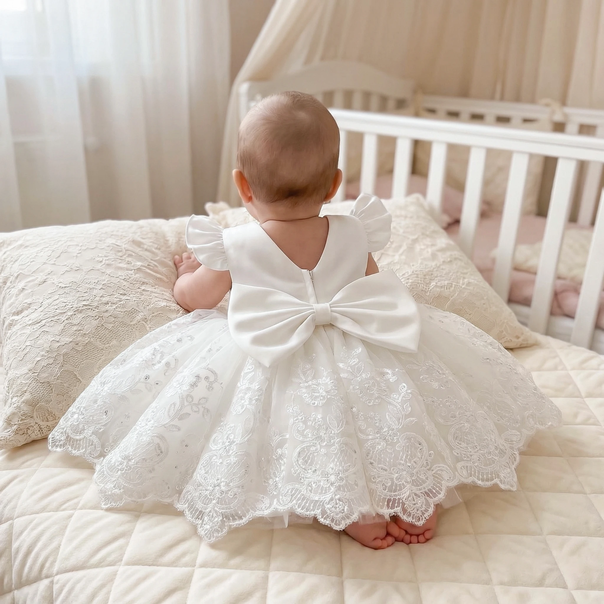 Baby Girls Partywear Simple White Round Neck Sleeveless Back Detachable 3D Bow Dress Birthday Party,Banquet,Performances,Baptism