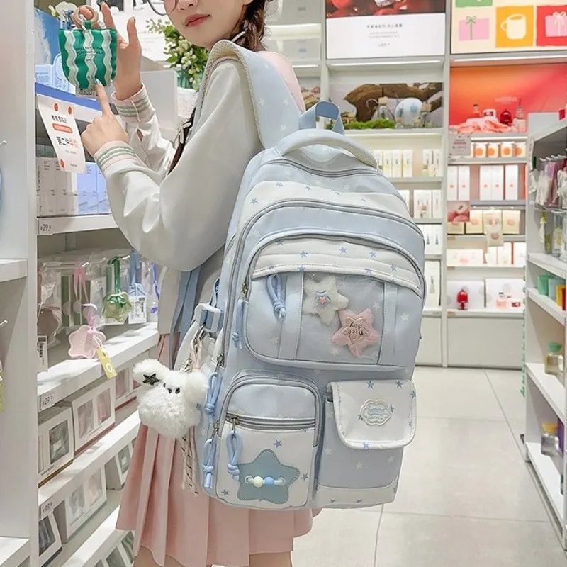 Star Printed Nylon Backpack Campus Atmosphere for Girls Student Schoolbag Multiple Compartments Transparent Computer Bag