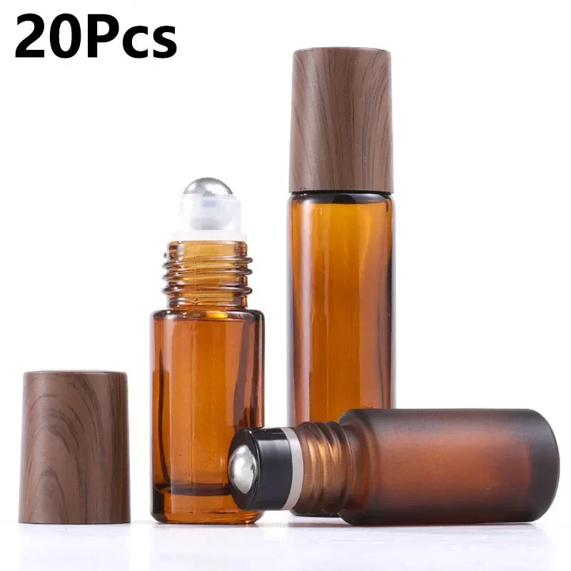 20 pezzi 5/10/15ml bottiglie a rullo in vetro marrone con coperchi per venature del legno contenitori essenziali per olio riutilizzabili accessori da viaggio portatili