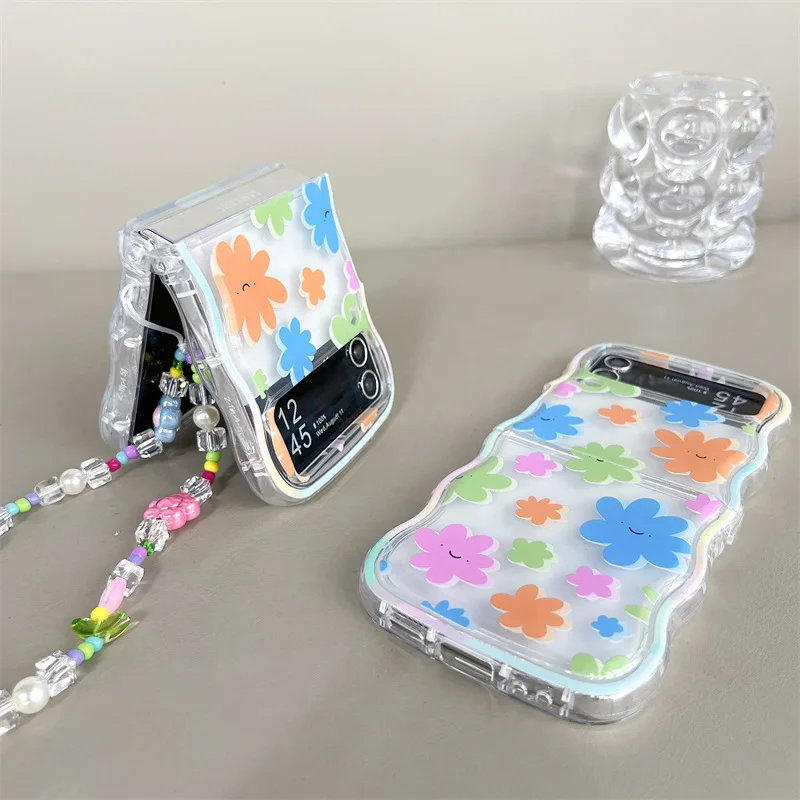 Samsung Galaxy Z Flip 7 6 5 4用 マルチカラーフラワー फोनケース、ZFlip5 ZFlip6 ZFlip7用保護バックカバー ケース シェル