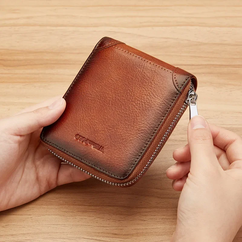 WILLIAMPOLO Men's Wallet Genuine Leather RFID Blocking Card Holder Organizer Wallet Men Business Vintage Zipper Male Purse