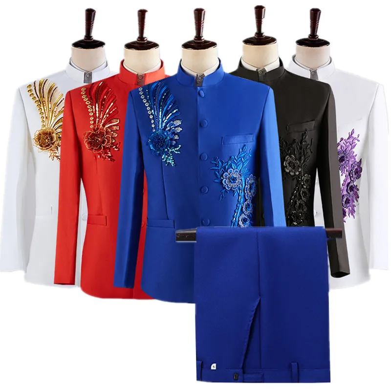 (سترة + بنطلون) أزياء الرجال مرحلة الأداء فستان الدعاوى 2025 جديد الذكور النمط الصيني الوقوف طوق ملصق مائي السترة وبنطلون