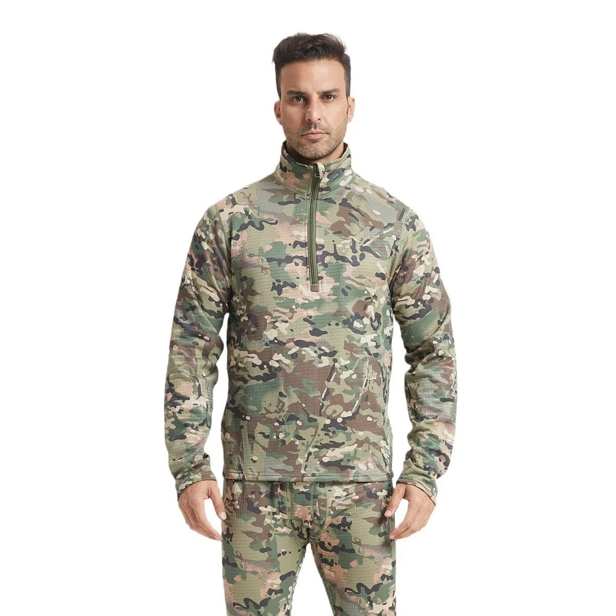 Men's Textured Thermal Underwear Set, Camouflage Pattern Heavyweight Fleece Long Johns, Breathable Cold Weather Base Layer