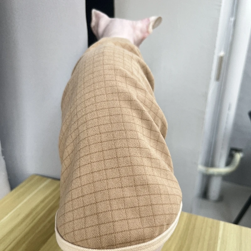 Khaki Plaid Cotton Coat for Sphynx Cat Soft Undershirt for Hairless Cat in Winter Long-sleeves Warm Coat for Kittens Devon Rex