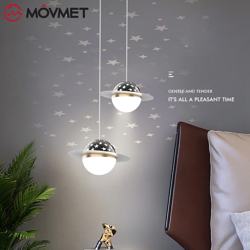 

Simple LED Pendant Lamp Night Light Iron Acrylic Ball Planet Star Shadow Bedroom Bedside Living Room Home Aisle Hanging Lamp Art