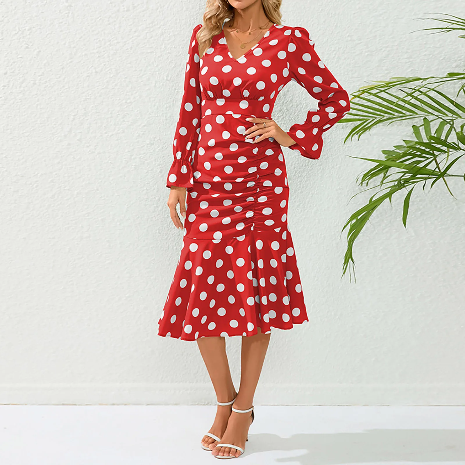 

Women Polka Dot Ruched Flounce Dress V Neck Long Sleeve Pleated Slim Fit Mid Length Casual Dress Women Autumn Fashion Clothing