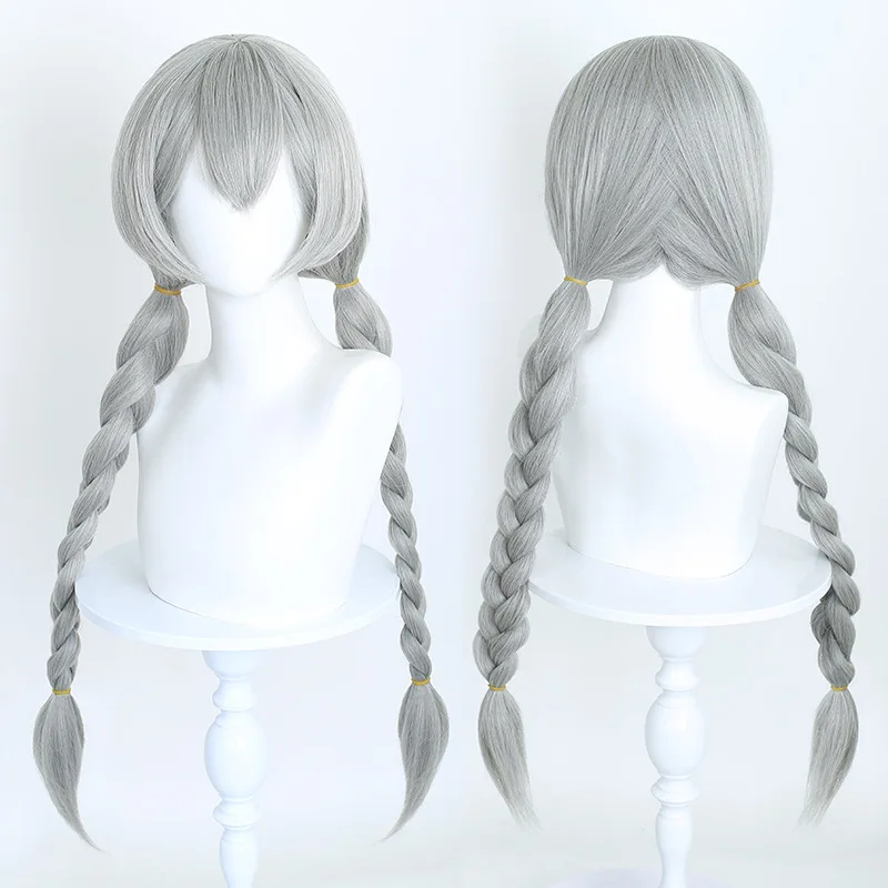 Synthetic Silver-Grey Twin Braided Cosplay Wig Judy-Inspired Voluminous Kanekalon Hair for Carnival Party Festival Roleplay