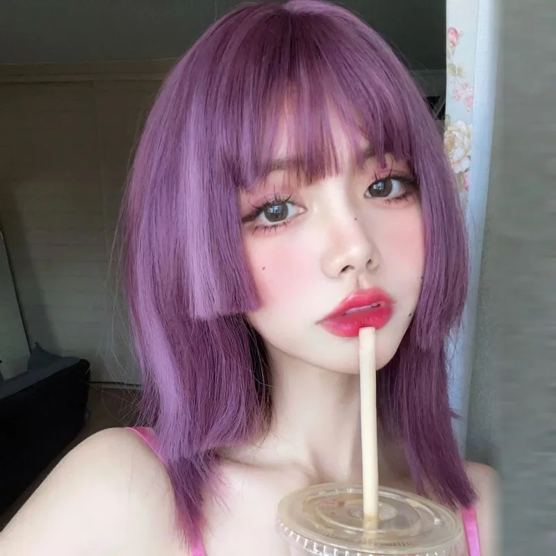 

Short Straight Wigs With Bangs Layered Purple Natural Synthetic Japanese Ji Hair For Women Daily Lolita Cosplay Hair Wig