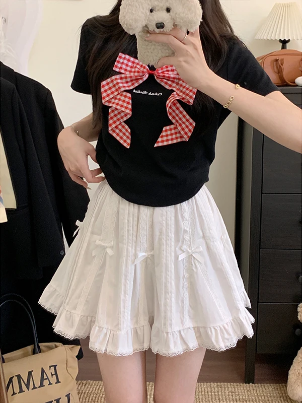 

Sweet Spicy 3D Knot Lace Short Skirt plus Size Women's High Waist Slimming Tea System Half Body Skirt