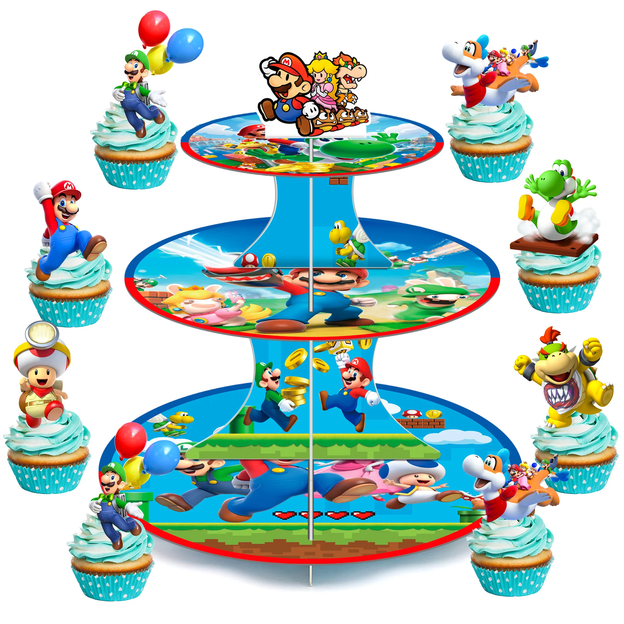 Cartoon Cupcake Stand, Cartoon Birthday Decorations 3-Tier Cartoon Cupcake Stand with 12pcs Cupcake Toppers for Birthday