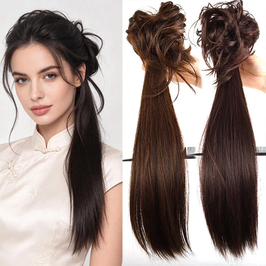 Synthetic Claw Clip Ponytail Wig Long Straight Hair Bun Retro Side Ponytail Hair Extension Women Daily Festival Hair Accessories